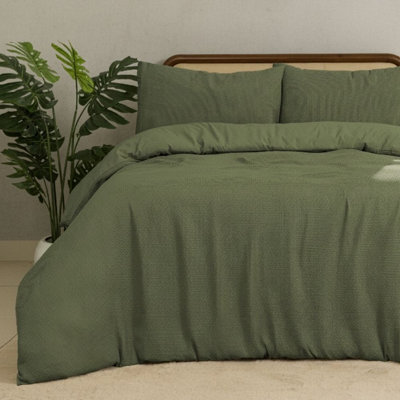 MHG Living Chunky Waffle Duvet Cover Set - Polycotton Blend, Button Fastening - (Single, Olive Green) - image 1