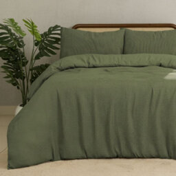 MHG Living Chunky Waffle Duvet Cover Set - Polycotton Blend, Button Fastening - (Single, Olive Green) - thumbnail 1