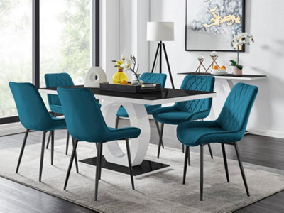 Furniturebox Giovani Rectangular 6 Seat White High Gloss Unique Halo Base Dining Table Black Glass Top 6 Blue Velvet Black Leg Pesaro Chairs - image 1