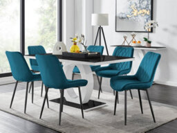 Furniturebox Giovani Rectangular 6 Seat White High Gloss Unique Halo Base Dining Table Black Glass Top 6 Blue Velvet Black Leg Pesaro Chairs