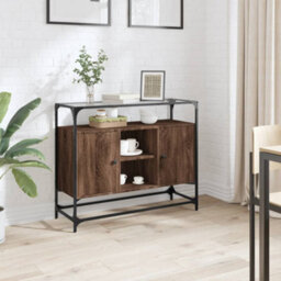 Berkfield Sideboard With Glass Top Brown Oak 98X35X81 Cm Engineered Wood