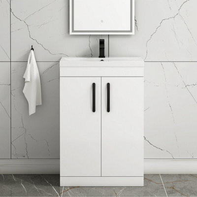 Royal Bathrooms Turin Gloss White 600mm Floor Standing Vanity Unit 2 Door With Mid-Edge Basin Sink & Matt Black Handles - image 1