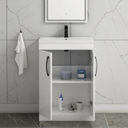 Royal Bathrooms Turin Gloss White 600mm Floor Standing Vanity Unit 2 Door With Mid-Edge Basin Sink & Matt Black Handles - thumbnail 5