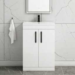 Royal Bathrooms Turin Gloss White 600mm Floor Standing Vanity Unit 2 Door With Mid-Edge Basin Sink & Matt Black Handles
