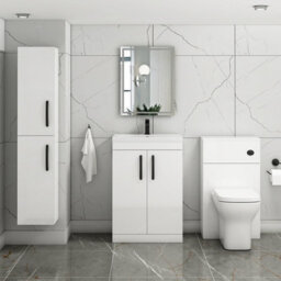 Royal Bathrooms Turin Gloss White 600mm Floor Standing Vanity Unit 2 Door With Mid-Edge Basin Sink & Matt Black Handles - thumbnail 2