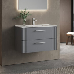 Balterley Belvide Partial Fluted 2 Drawer Wall Hung Vanity Unit With 1 Tap Hole Minimalist Basin - 800mm - Satin Grey - thumbnail 6
