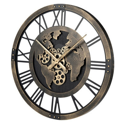 Large Wall Clock Gear Clock With World Map With Moving Gears - image 1