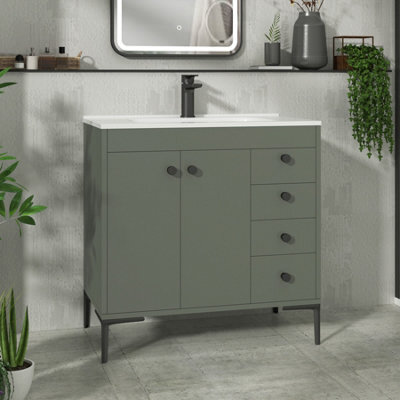 Royal Bathrooms Verona 800mm Matt Green Floor Standing Bathroom Vanity Unit 2 Door, 4 Drawer Cabinet With Ceramic Basin & Matt Black Knob - image 1