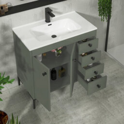 Royal Bathrooms Verona 800mm Matt Green Floor Standing Bathroom Vanity Unit 2 Door, 4 Drawer Cabinet With Ceramic Basin & Matt Black Knob - thumbnail 6