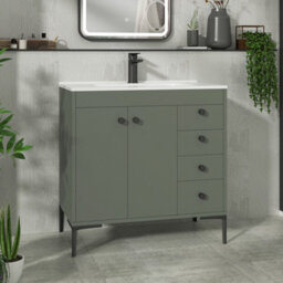 Royal Bathrooms Verona 800mm Matt Green Floor Standing Bathroom Vanity Unit 2 Door, 4 Drawer Cabinet With Ceramic Basin & Matt Black Knob