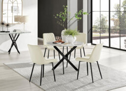 Furniturebox Uk Novara White Marble Black Leg Round Dining Table & 4 Cream Pesaro Black Leg Chairs