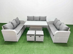 Fimous 11 Seater Outdoor Garden Furniture Set Adjustable Lifting Dining Or Coffee Table 3 Seater Sofa 2 Stools Light Grey - thumbnail 1