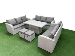 Fimous 11 Seater Outdoor Garden Furniture Set Adjustable Lifting Dining Or Coffee Table 3 Seater Sofa 2 Stools Light Grey - thumbnail 2