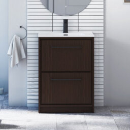 Royal Bathrooms Livora 600mm Walnut Woodgrain Floor Standing Bathroom Vanity Unit 2 Drawer With Ceramic Basin & Matt Black Handle