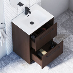 Royal Bathrooms Livora 600mm Walnut Woodgrain Floor Standing Bathroom Vanity Unit 2 Drawer With Ceramic Basin & Matt Black Handle - thumbnail 4