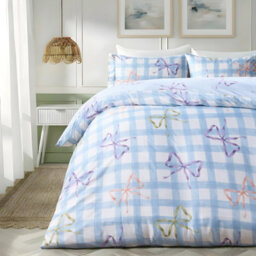 Ohs Bow Gingham Bedding Set Microfibre Duvet Cover With Pillowcase, Blue/white - King - thumbnail 1