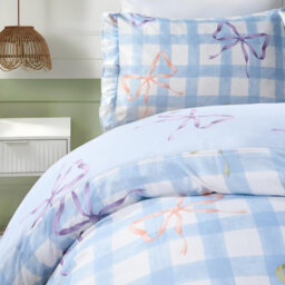 Ohs Bow Gingham Bedding Set Microfibre Duvet Cover With Pillowcase, Blue/white - King - thumbnail 2