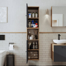 Roomart Lotus Wall Mounted Bathroom Towel Storage Cabinet 150Cm High In Anthracite And Oak Finish - thumbnail 4