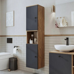 Roomart Lotus Wall Mounted Bathroom Towel Storage Cabinet 150Cm High In Anthracite And Oak Finish