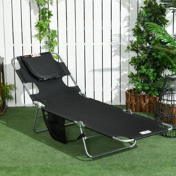 Outsunny Sun Lounger With Reading Hole, Folding Garden Lounger, Black - thumbnail 1