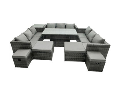 Fimous Rattan Dining Table Sofa Set With Side Table 4 Stools Outdoor 13 Seat Garden Furniture Set Dark Grey Mixed - image 1