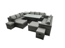 Fimous Rattan Dining Table Sofa Set With Side Table 4 Stools Outdoor 13 Seat Garden Furniture Set Dark Grey Mixed - thumbnail 2