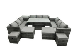 Fimous Rattan Dining Table Sofa Set With Side Table 4 Stools Outdoor 13 Seat Garden Furniture Set Dark Grey Mixed - thumbnail 1