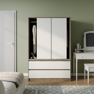 Urbn-Living Urbnliving 180Cm Height Oak Carcass 3 Sliding White Door With 4 White Drawer Wardrobe Clothes Storage Hanging Rail Bedroom - image 1