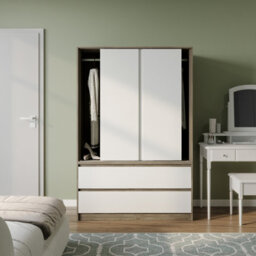 Urbn-Living Urbnliving 180Cm Height Oak Carcass 3 Sliding White Door With 4 White Drawer Wardrobe Clothes Storage Hanging Rail Bedroom - thumbnail 3