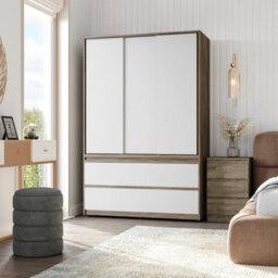 Urbn-Living Urbnliving 180Cm Height Oak Carcass 3 Sliding White Door With 4 White Drawer Wardrobe Clothes Storage Hanging Rail Bedroom - thumbnail 2