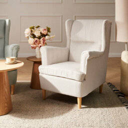 Wyld And Coco Noblenest Wingback Chair Corduroy Beige High Back Rubberwood Legs Retro Accent Chair - thumbnail 2
