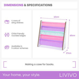 Livivo Pink Kids Bookshelf 4 Tier Sling Book Storage Rack - thumbnail 9