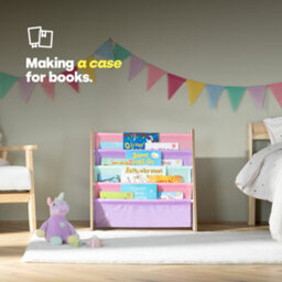 Livivo Pink Kids Bookshelf 4 Tier Sling Book Storage Rack - thumbnail 2