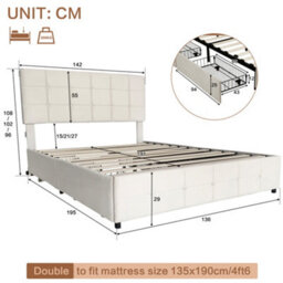 BTM 4Ft6 Double Upholstered Bed With 4 Storage Drawers, Velvet Frame, Adjustable Tufted Headboard, Usb & Type-C Ports, Beige - thumbnail 8
