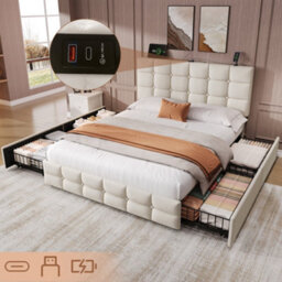 BTM 4Ft6 Double Upholstered Bed With 4 Storage Drawers, Velvet Frame, Adjustable Tufted Headboard, Usb & Type-C Ports, Beige - thumbnail 2
