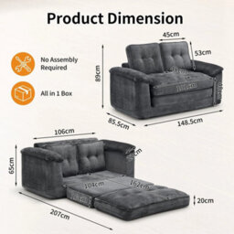 2 In 1 Boneless Sofa Bed,folding Fabric 2 Seater Sleeper Sofa With 2 Pillows - thumbnail 2