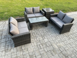 Fimous 6 Seater Rattan Wicker Garden Furniture Patio Conservatory Sofa Set With Coffee Table Double Seater Sofa Side Table - thumbnail 2