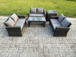 Fimous 6 Seater Rattan Wicker Garden Furniture Patio Conservatory Sofa Set With Coffee Table Double Seater Sofa Side Table - thumbnail 1