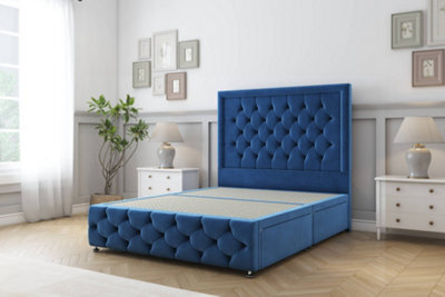 "Sloomy Vienna Navy Plush Divan Bed 2 Drawers Left Side-54"" Floor Standing Headboard & 12"" Footboard 3' Single" - image 1