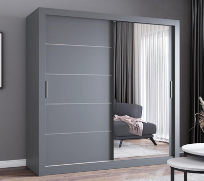 Fhif Ibiza 100Cm Grey Sliding Door Wardrobe Modern Bedroom Storage With Full Length Mirror Shelves And Hanging Rails - image 1