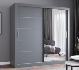 Fhif Ibiza 100Cm Grey Sliding Door Wardrobe Modern Bedroom Storage With Full Length Mirror Shelves And Hanging Rails - thumbnail 1