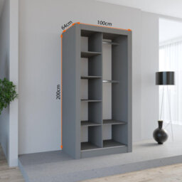 Fhif Ibiza 100Cm Grey Sliding Door Wardrobe Modern Bedroom Storage With Full Length Mirror Shelves And Hanging Rails - thumbnail 2
