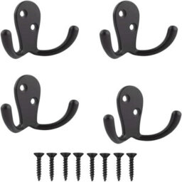 Sisi UK Black Double Prong Robe Hooks Pack Of 4 Wall Mounted Coat Hat Towel Door Hangers Metal Matte Finish 50mm X 78mm - thumbnail 1