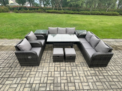 Fimous Outdoor Garden Patio Furniture Wicker Rattan Oblong Dining Table And Lounge Sofa Set With Adjustable Chair Side Tables - image 1
