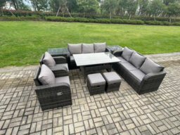 Fimous Outdoor Garden Patio Furniture Wicker Rattan Oblong Dining Table And Lounge Sofa Set With Adjustable Chair Side Tables - thumbnail 2