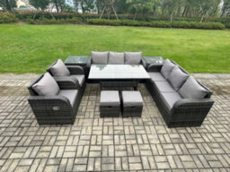 Fimous Outdoor Garden Patio Furniture Wicker Rattan Oblong Dining Table And Lounge Sofa Set With Adjustable Chair Side Tables - thumbnail 1