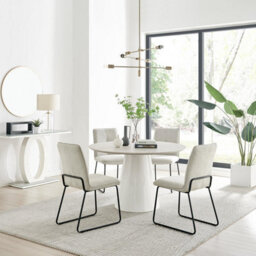 Furniturebox Uk Palma Beige Stone Effect Round Dining Table & 4 Taupe Halle Chairs
