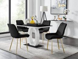 Furniturebox Giovani Rectangular 4 Seat White High Gloss Unique Halo Base Dining Table Black Glass Top 4 Black Velvet Gold Leg Pesaro Chairs