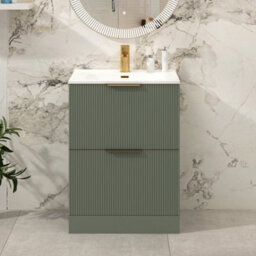 Royal Bathrooms Evora 600mm Sage Green Fluted Floor Standing Bathroom Vanity Unit 2 Drawer Cabinet With Ceramic Basin & Brushed Brass Handles