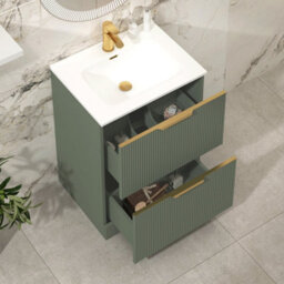 Royal Bathrooms Evora 600mm Sage Green Fluted Floor Standing Bathroom Vanity Unit 2 Drawer Cabinet With Ceramic Basin & Brushed Brass Handles - thumbnail 5